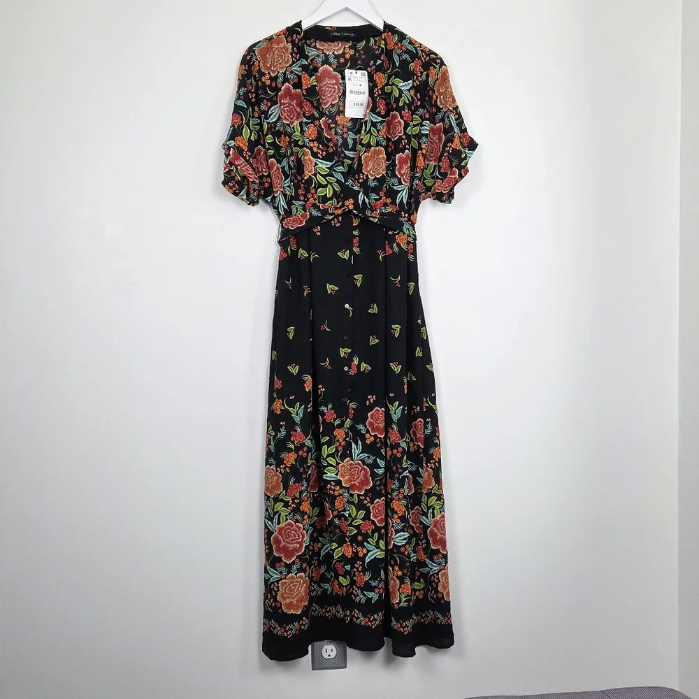NWT ZARA Floral Print V-Neck Button-Up Short Dolman Sleeve Maxi Dress Size XL - Picture 1 of 10